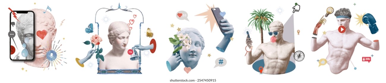 Collage of classical sculptures with modern elements like smartphones, social media icons, and sunglasses. Playful blend of art and technology, art meets tech. Social media elements isolated on white.