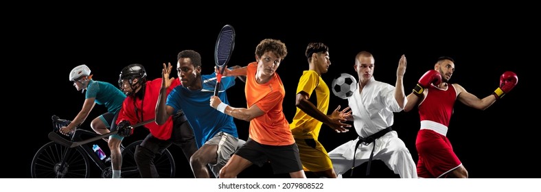 Collage of different sportsmen, male and female, standing in a line, in motion, training isolated on black background. Concept of active life, team game, energy, sport, competition. Copy space for ad - Powered by Shutterstock