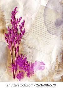 Collage digital journal note with dried flower. Ephemera vintage background.