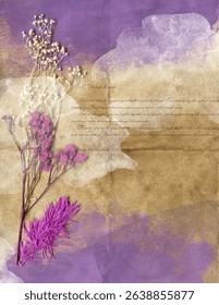 Collage digital journal note with dried flower. Ephemera vintage background.