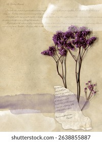 Collage digital journal note with dried flower. Ephemera vintage background.