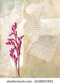 Collage digital journal note with dried flower. Ephemera vintage background.