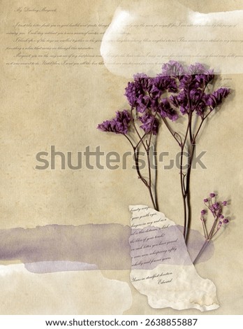 Collage digital journal note with dried flower. Ephemera vintage background.