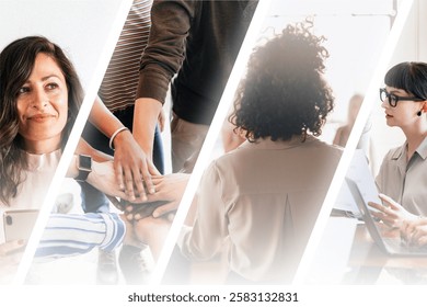Collage of diverse professionals collaborating. Teamwork, collaboration, and diversity. Includes a woman using a phone, a group joining hands, and a meeting scene. Business and marketing remix image.