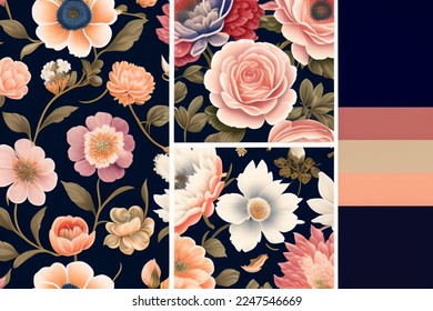 collage of Floral patterns with a muted elegant color palette on a dark blue background - Shutterstock ID 2247546669
