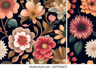  collage of Floral patterns with a muted elegant color palette on a dark blue background - Shutterstock ID 2247546673