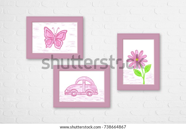 Collage of frames\
with self-drawn colored pencils pictures of car, butterfly and\
flower, on white bricks background. Interior decoration mock up. 3D\
illustration