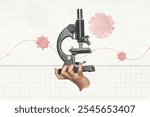 Collage of a hand holding a microscope with virus illustrations against white grid background. Science, research, and virus study. Microscope and virus in a creative design.