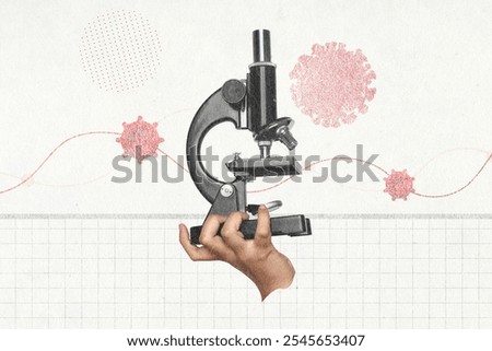 Collage of a hand holding a microscope with virus illustrations against white grid background. Science, research, and virus study. Microscope and virus in a creative design.