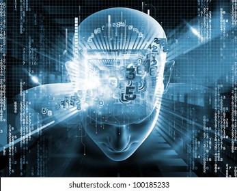 Collage Of Human Head, Digits And Various Abstract Elements On The Subject Of Artificial Intelligence, Modern Science, Computer Technology And Human And Artificial Mind