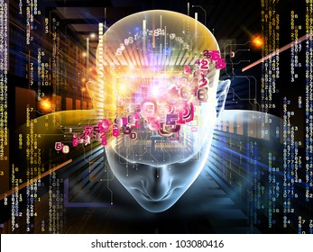 Collage Of Human Head, Digits And Various Abstract Elements On The Subject Of Artificial Intelligence, Modern Science, Computer Technology And Human And Artificial Mind