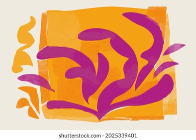 collage painting of a plant with petals and arabesques in collage and paper cut in the manner of Matisse's cut outs. For decoration design, book illustration, art print and fashion industry