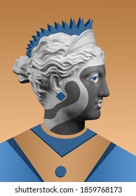 Kollagen Sie mit der verputzten antiken Skulptur des menschlichen Gesichts in einem Pop-Art-Stil. Modernes kreatives Konzeptbild mit antiken Statuenköpfen. Zine-Kultur. Zeitgenössisches Kunstposter. Funky. 3D-Abbildung.