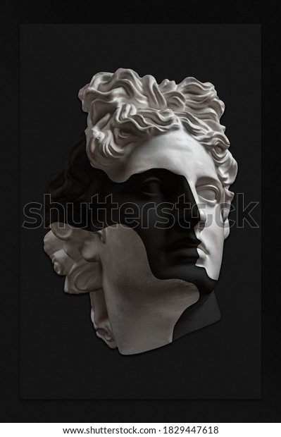 Collage with plaster antique sculpture of human\
face in a pop art style. Creative concept image with ancient statue\
head in black and white. Zine culture. Contemporary art style\
poster. Apollo\
bust.