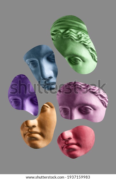 Collage with sculpture of human face in a pop art\
style. Modern creative concept image with ancient statue head. Zine\
culture. Contemporary art poster. Funky punk minimalism. Retro\
surreal design.