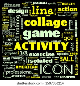 collage sports word cloud green background, all sports word cloud, this contain use as banner, painting, motivation, web-page, website background, t-shirt, shirt, print, poster, gritting, illustration
