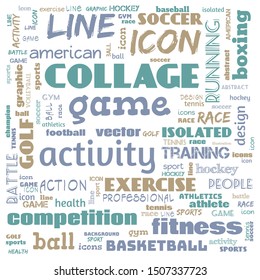collage sports word cloud white background, all sports, this contain use as banner, painting, motivation, web-page, website background, t-shirt, shirt, print, poster, gritting, wallpaper, illustration