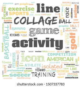 Collage Sports Word Cloud White Background, All Sports, This Contain Use As Banner, Painting, Motivation, Web-page, Website Background, T-shirt, Shirt, Print, Poster, Gritting, Wallpaper, Illustration