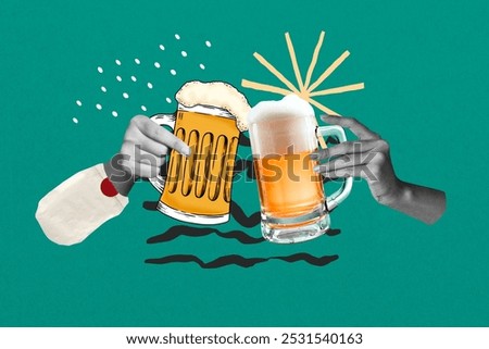 Collage of two hands clinking beer mugs. One hand holds a frothy beer mug, the other a glass beer mug. Beer mugs, hands, and cheers on a teal background.