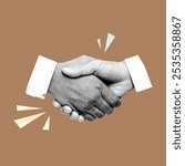 Collage of two hands shaking, symbolizing agreement and partnership. Hands shaking of cooperation and teamwork on a brown background. Hands shaking, teamwork, business agreement, and cooperation.