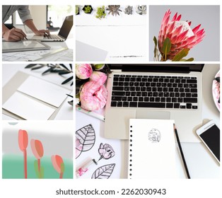 Collage workspace and flowers, plants, computer, gentle fresh mood