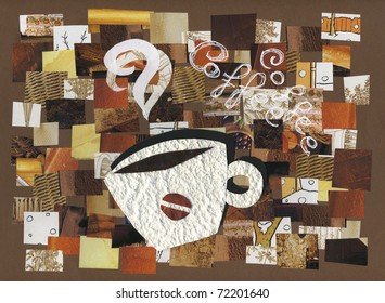 Collages Of Different Pieces Of Brown Printed Paper. An Aromatic Cup Of Coffee. Hand Made Artwork.