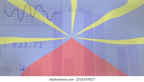 Collecting data text image over graphs and charts on Reunion Radiant Volcano Flag. technology, analytics, statistics, digital, information, visual