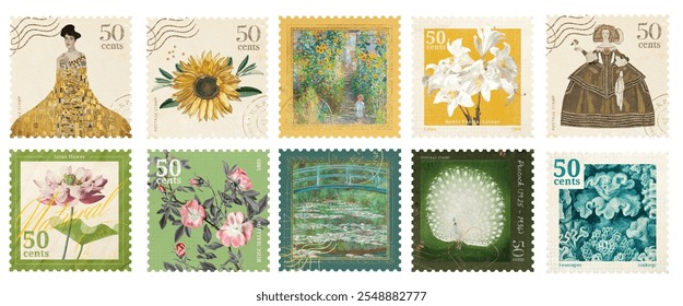 A collection of 10 artistic stamps featuring diverse floral designs, vibrant colors, and intricate details. Each stamp showcases unique flowers and nature themes. Vintage postage stamps isolated.