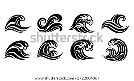 A collection of 12 wave silhouette vector designs, perfect for coastal and oceanic themes, available as a bundle for microstock use.