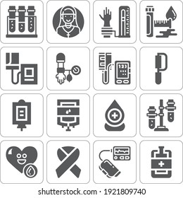 Collection of 16 anemia filled icons included blood sample, blood test, hacksaw, sphygmomanometer