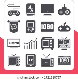 Collection Of 16 Definition Filled Icons Included Translator, Standard, Television, Resolution, 1080, Hdmi High Definition Multimedia Interface, Combo Chart, Joystick, Gamepad