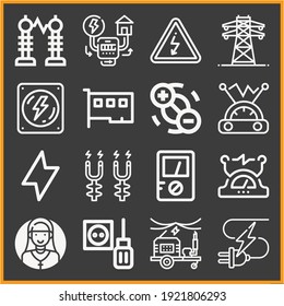 Collection of 16 direct current lineal icons included flash, electricity, electrical plug, electricity tower, electric tower, plug