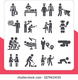 Collection Of 16 Humanpictos Filled Icons Included Homosexual, Soldier, Pediatrician, Gardener, Trolley, Patient, Doctor, Chiropractic, Businessmen, Sled, Baby, Technology