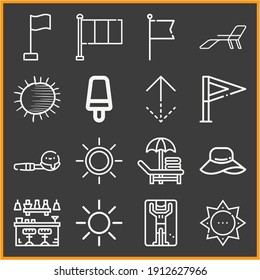 Collection of 16 july lineal icons included flag, italy, double arrow, warm sun, sunbed, sun, bar, pamela, spoon, popsicle