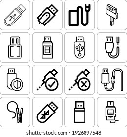 Collection Of 16 Modem Lineal Icons Included Accumulator Cable, Pendrive, Broken Cable, Usb Cable