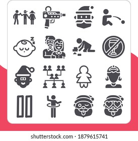 Collection Of 16 Parent Filled Icons Included Love, Sleeping Baby, Pregnancy, Santa Claus, Baby, Kids, Playing, Daughter, Baby Girl Outline, Genealogy, Family, Wink, Gun