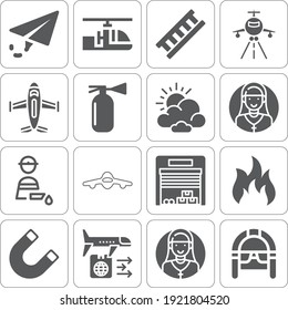 Collection of 16 planes filled icons included airplane front ultrathin transport, airplane, warehouse, firefighting ladder, fire, extinguisher, fireman, inclined magnet