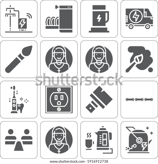 Collection of 16 traction\
filled icons included electricity, electric charge, dishwasher,\
electric kettle, stability, pole, clothing stitches, plug,\
painting, paint\
brush
