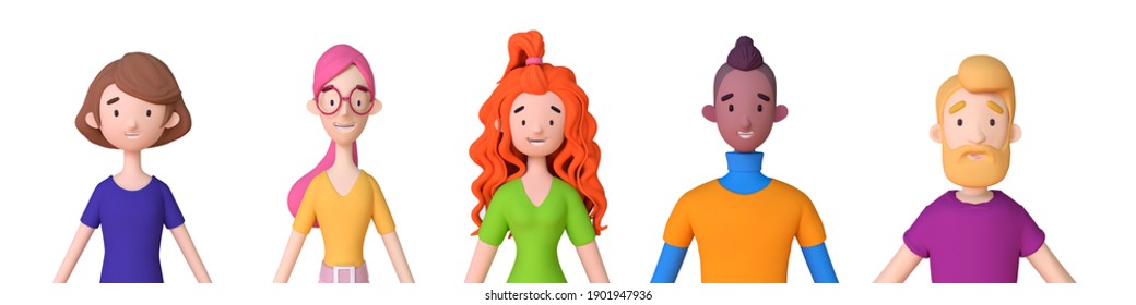 Collection of 3D avatars of young men and women. Group of friendly diverse people standing together. Bright people portraits set 3D render.