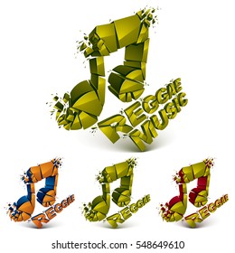 Collection of 3d musical notes created from refractions isolated on white. Set of colorful three-dimensional transform music theme design elements. Reggae music theme