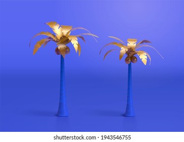 Collection of 3d oasis palm trees designed with gold foliage. Natural elements suitable for desert tourism and summer beach vacation.