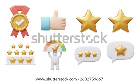 Collection of 3D rendered customer feedback icons, including stars, thumbs up, award, and speech bubbles. Illustrates positive reviews and high ratings.