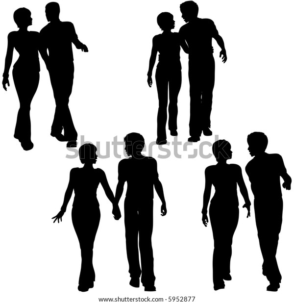 Collection 4 Silhouettes Young Couples Men Stock Illustration