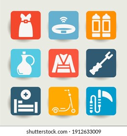 Collection Of 9 Bang Filled Icons Included Karate, Dress With Belt, Weapon, Screwdriver, Hospital Bed, Jug, Big Spice Rack, Heart Rate