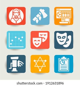 Collection Of 9 Classroom Project Filled Icons Included Education Chart With Squares, Ax, Dashboard, Pentagram, Theater, Clipboard, Mask, Meat Grinder