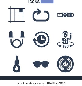 Collection of 9 loop filled icons included feedback, skipping rope, belt, user group button with wreath, rope, circular sunglasses, circular clock, looping arrow