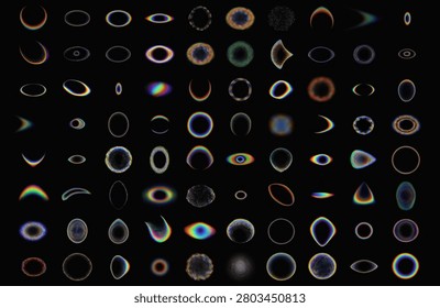 Collection of abstract optical phenomena showcasing diverse bokeh shapes and iridescent lens flares against a deep black void. Ideal for digital backgrounds design elements or abstract concepts.