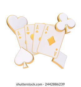 A collection of aces, each card detailed with golden accents, spread in an inviting fan on a white backdrop, embodying both classic style and modern luxury. 3D render illustration - Powered by Shutterstock