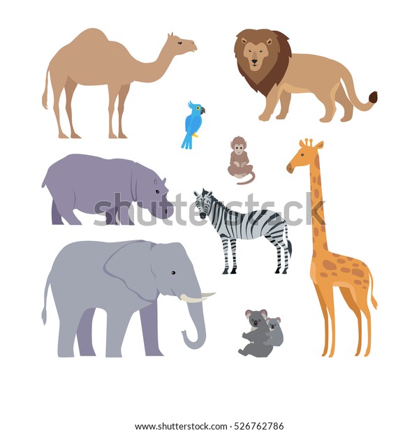 アフリカの動物のコレクション フラットデザイン ラクダ ライオン オウム 猿 カビ ゼブラ 象 キリン コアラのイラスト 自然のコンセプトに関しては イラストを描く本 印刷資料 のイラスト素材