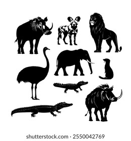 Collection of African wildlife silhouettes featuring elephants, lions, and more in a dynamic arrangement - Powered by Shutterstock